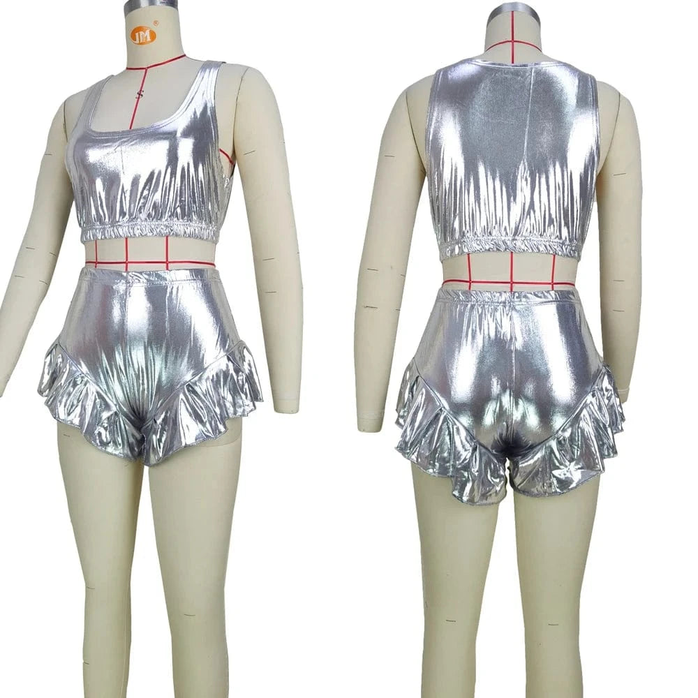 casual Trendy Metallic Pleated Hem two piece crop top cargo short sets for women 2023