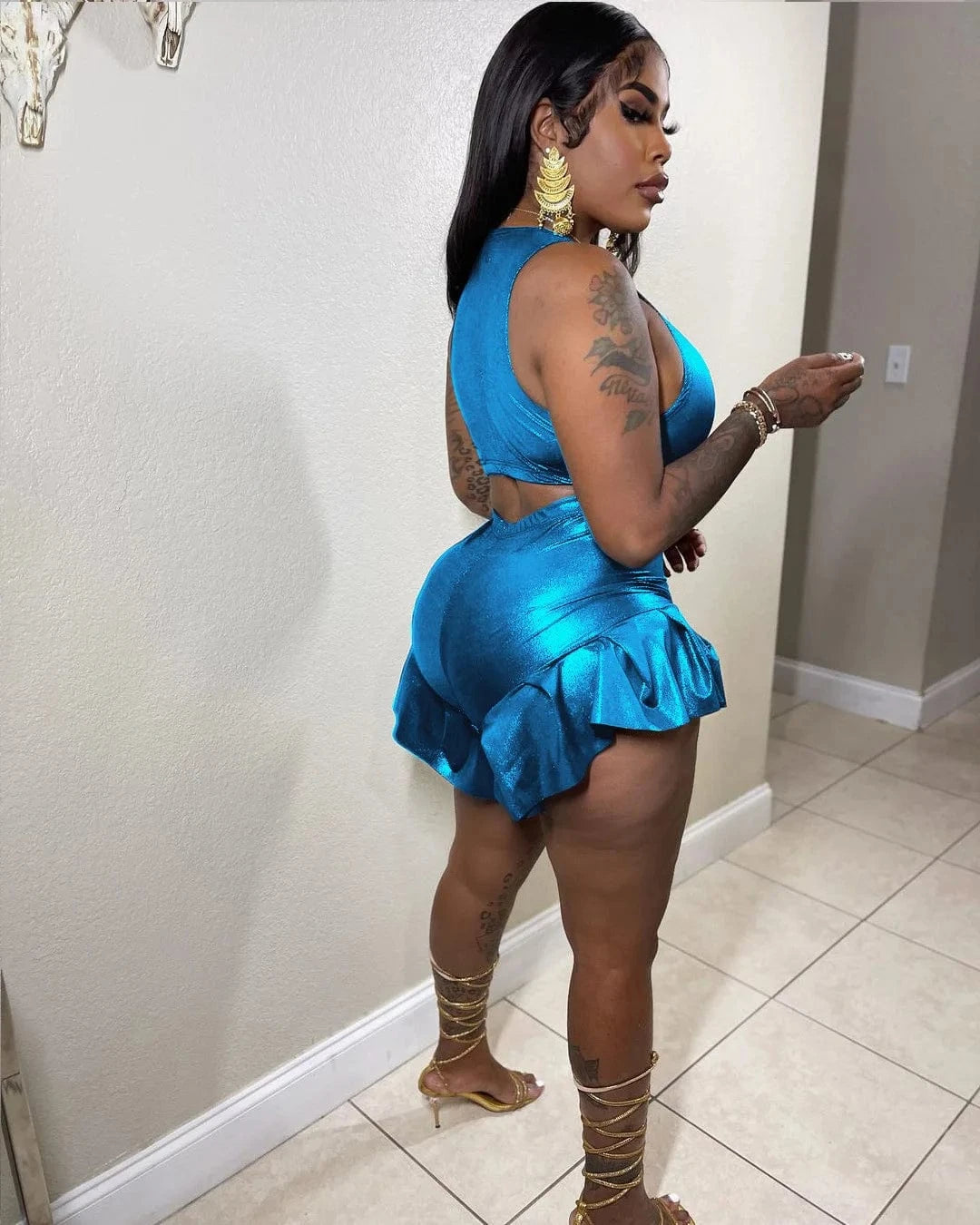 casual Trendy Metallic Pleated Hem two piece crop top cargo short sets for women 2023