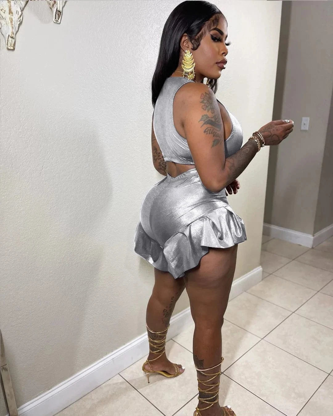 casual Trendy Metallic Pleated Hem two piece crop top cargo short sets for women 2023