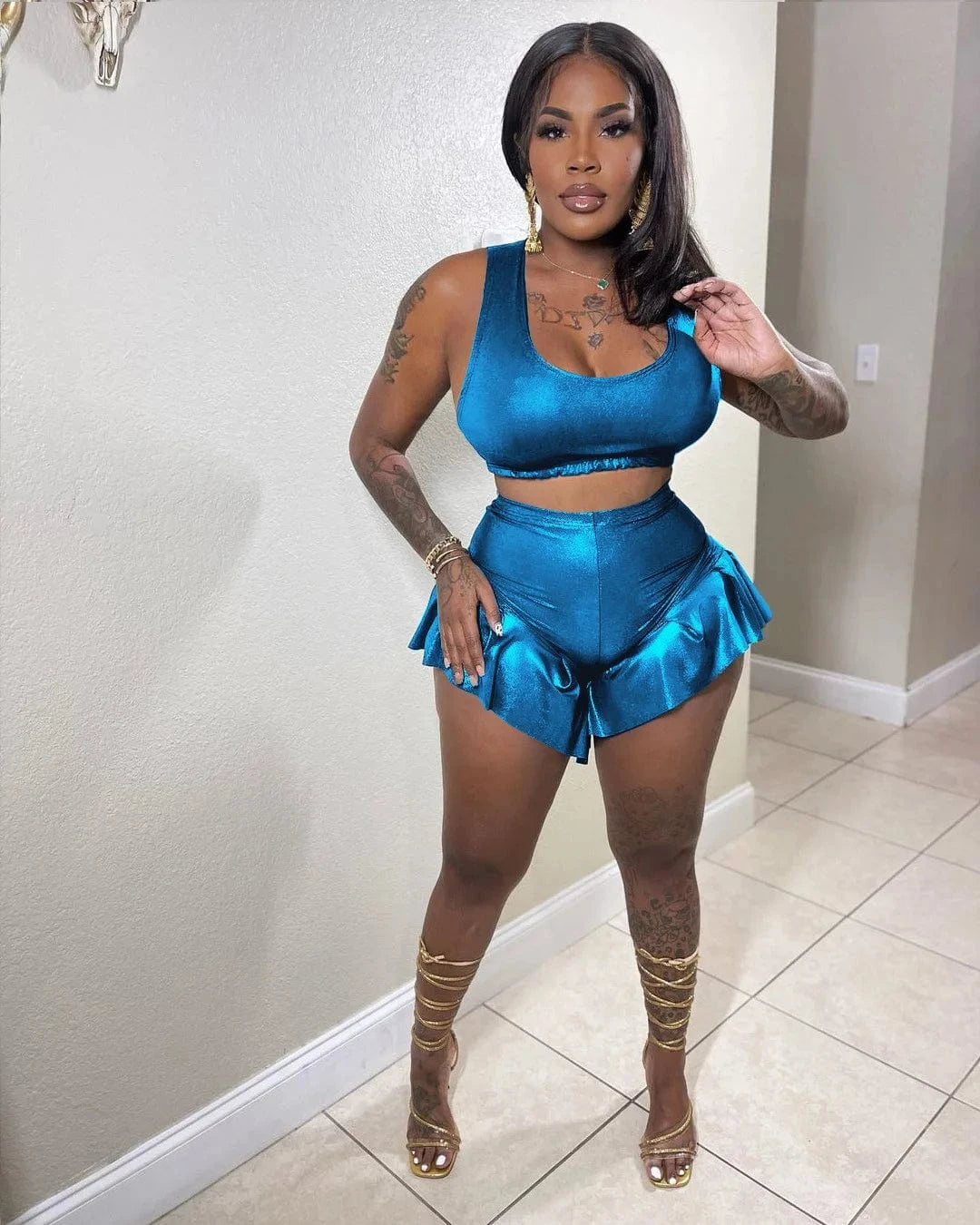 casual Trendy Metallic Pleated Hem two piece crop top cargo short sets for women 2023