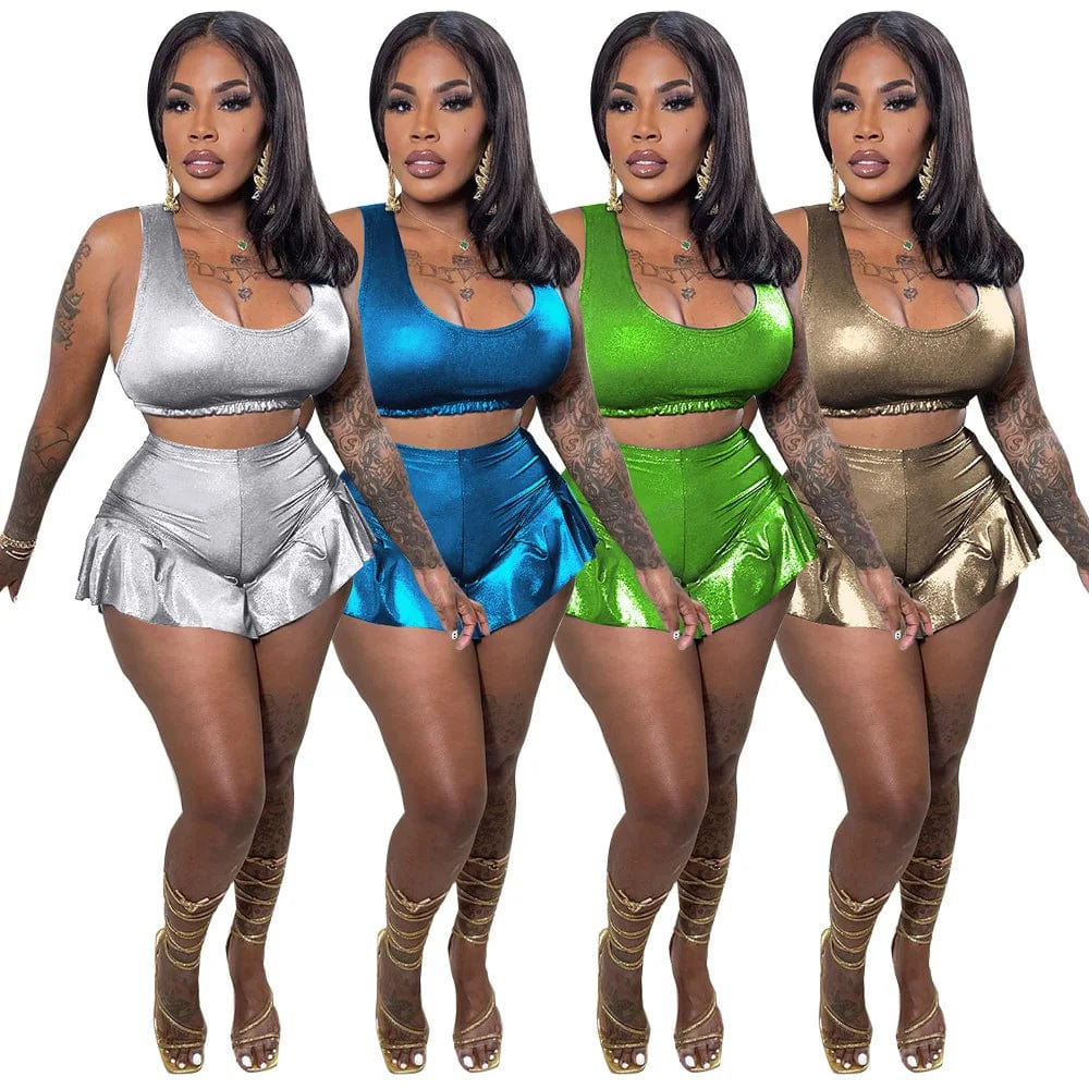 casual Trendy Metallic Pleated Hem two piece crop top cargo short sets for women 2023