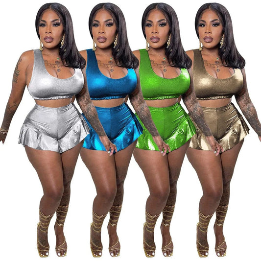 casual Trendy Metallic Pleated Hem two piece crop top cargo short sets for women 2023