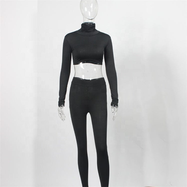 Casual Two 2 Piece Set Sweatsuits Tracksuit For Women Outfits Turtleneck Crop Top Pants Suits