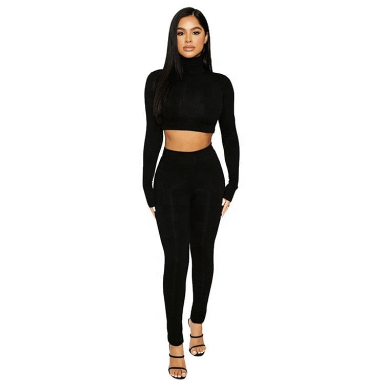 Casual Two 2 Piece Set Sweatsuits Tracksuit For Women Outfits Turtleneck Crop Top Pants Suits