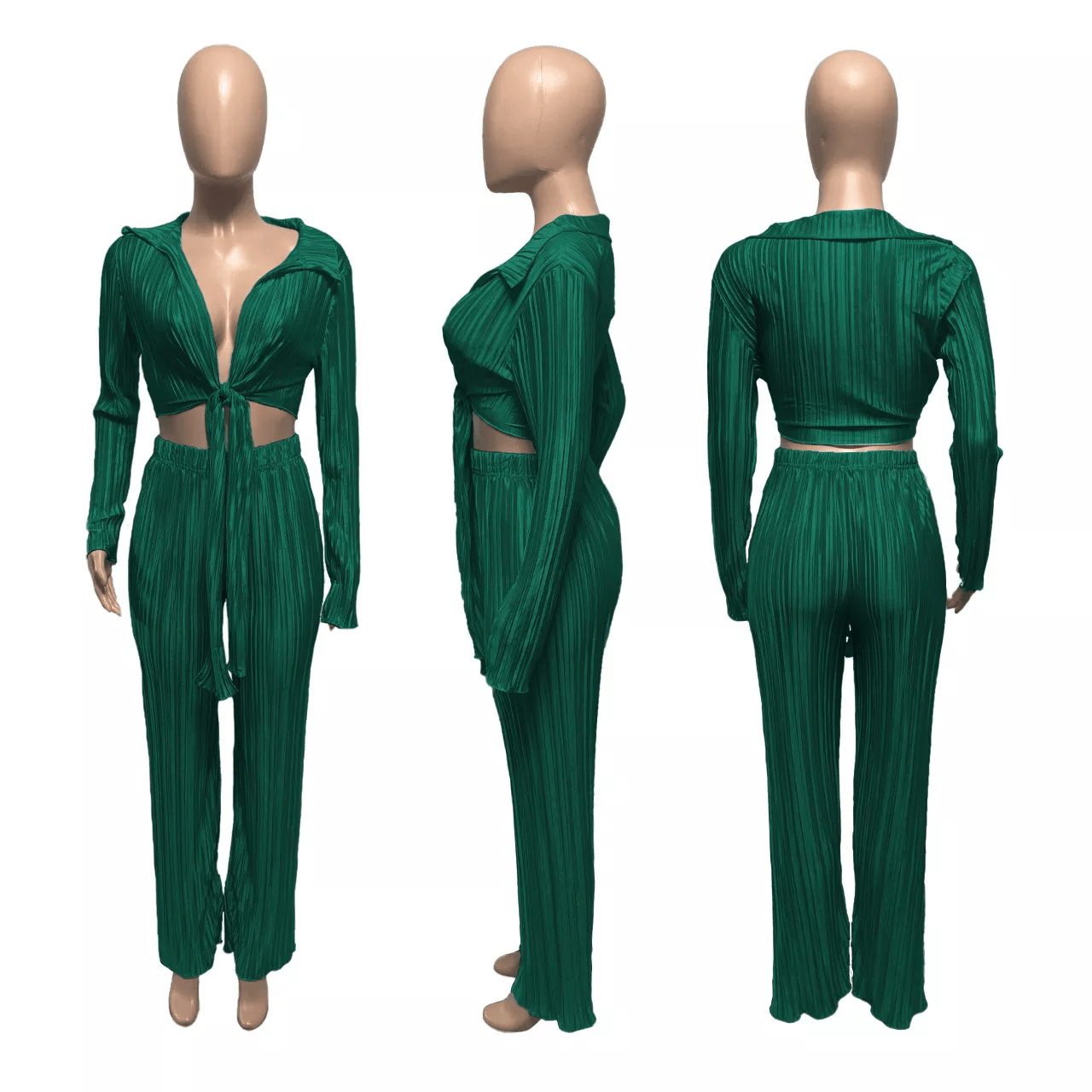 casual two piece pleated pant set for women 2022 long sleeve ruffle crop top and wide leg pants