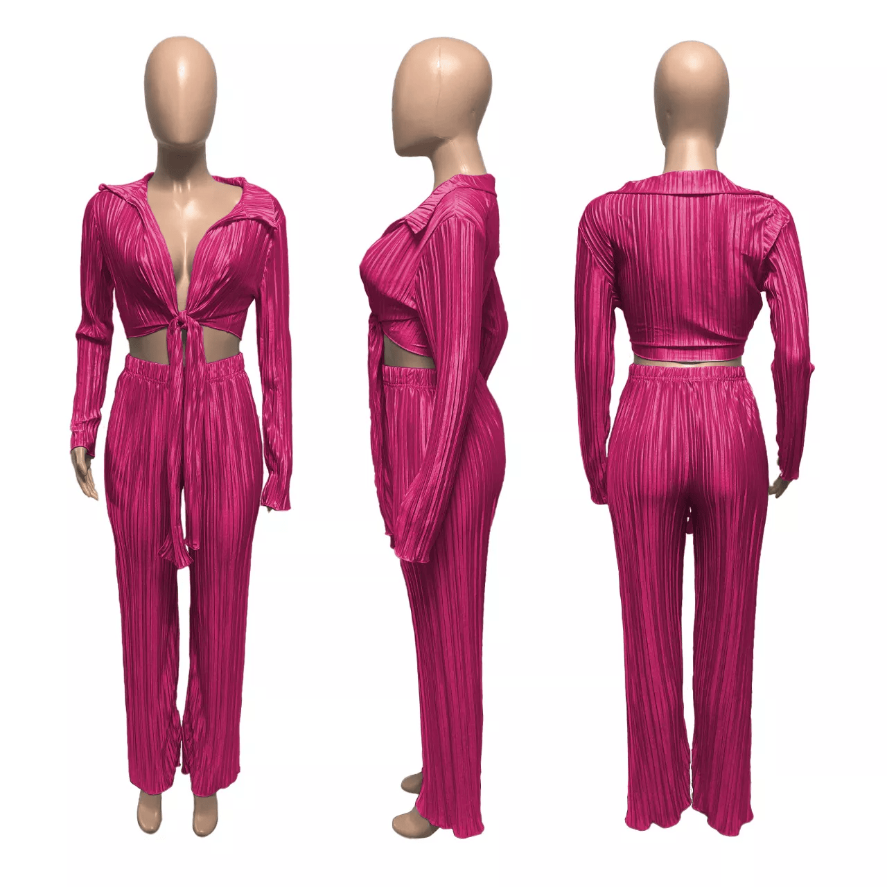 casual two piece pleated pant set for women 2022 long sleeve ruffle crop top and wide leg pants