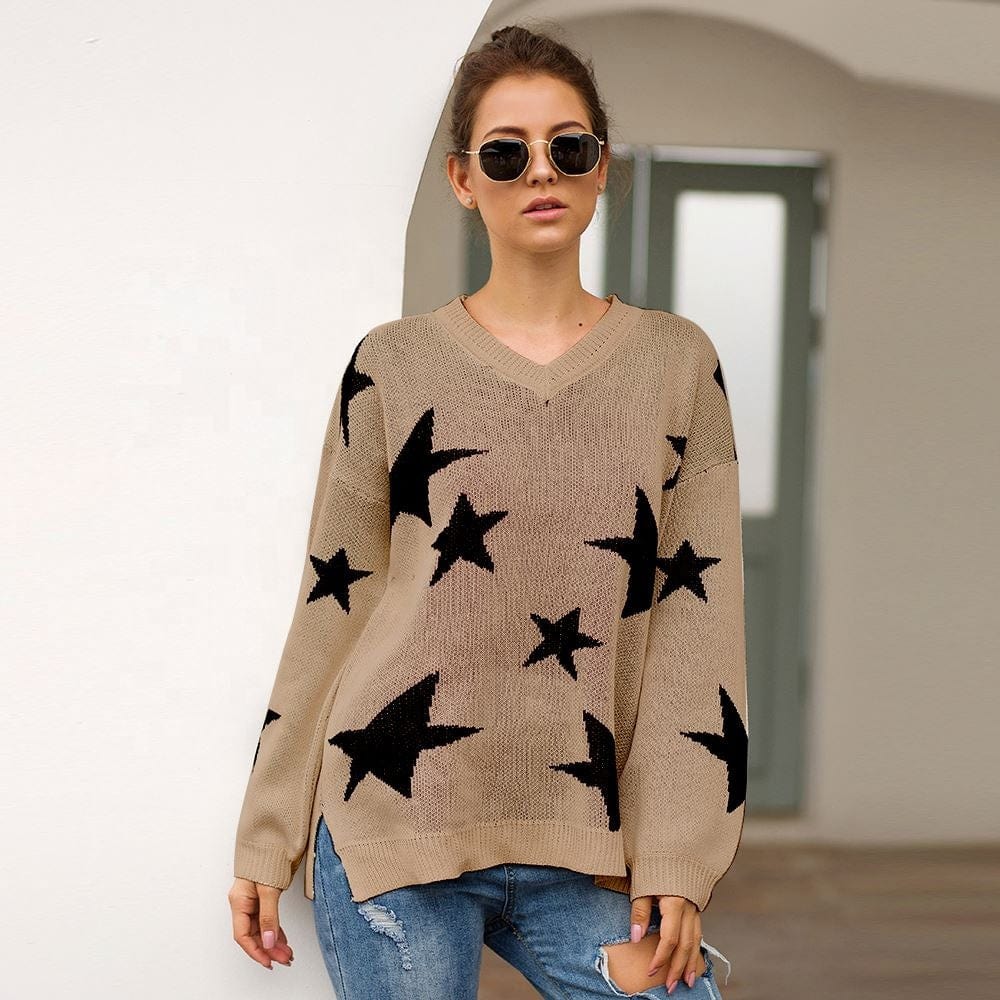 Casual V Neck Oversize Women Sweater One Shoulder Star Intarsia Perspective T-Shirt Full Of Stars Pattern Top Clothes