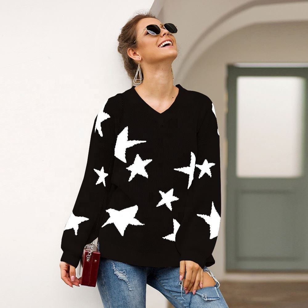 Casual V Neck Oversize Women Sweater One Shoulder Star Intarsia Perspective T-Shirt Full Of Stars Pattern Top Clothes