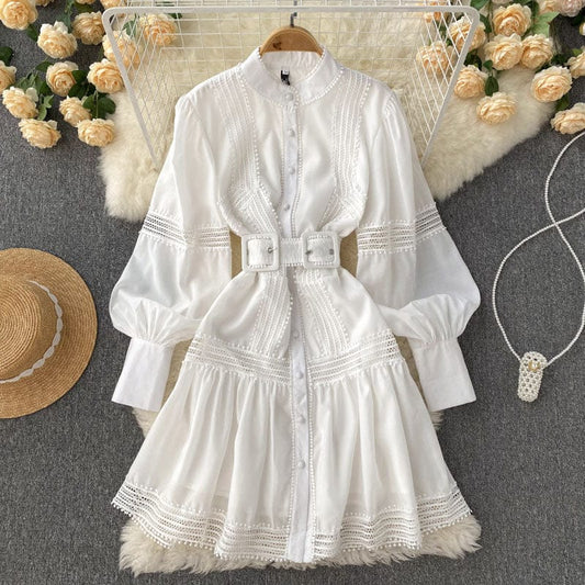 Casual White Peter Pan Collar Bishop Sleeve Lace Patchwork Hollow Out Shirt Dresses Women Lady Elegant Belt Tunic Dress