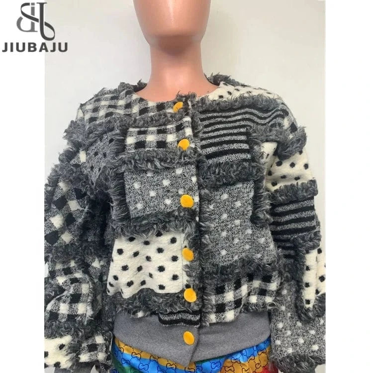 Casual Winter Long Sleeve Jacquard Lamb Wool Coat Women Thick Warm Jacket