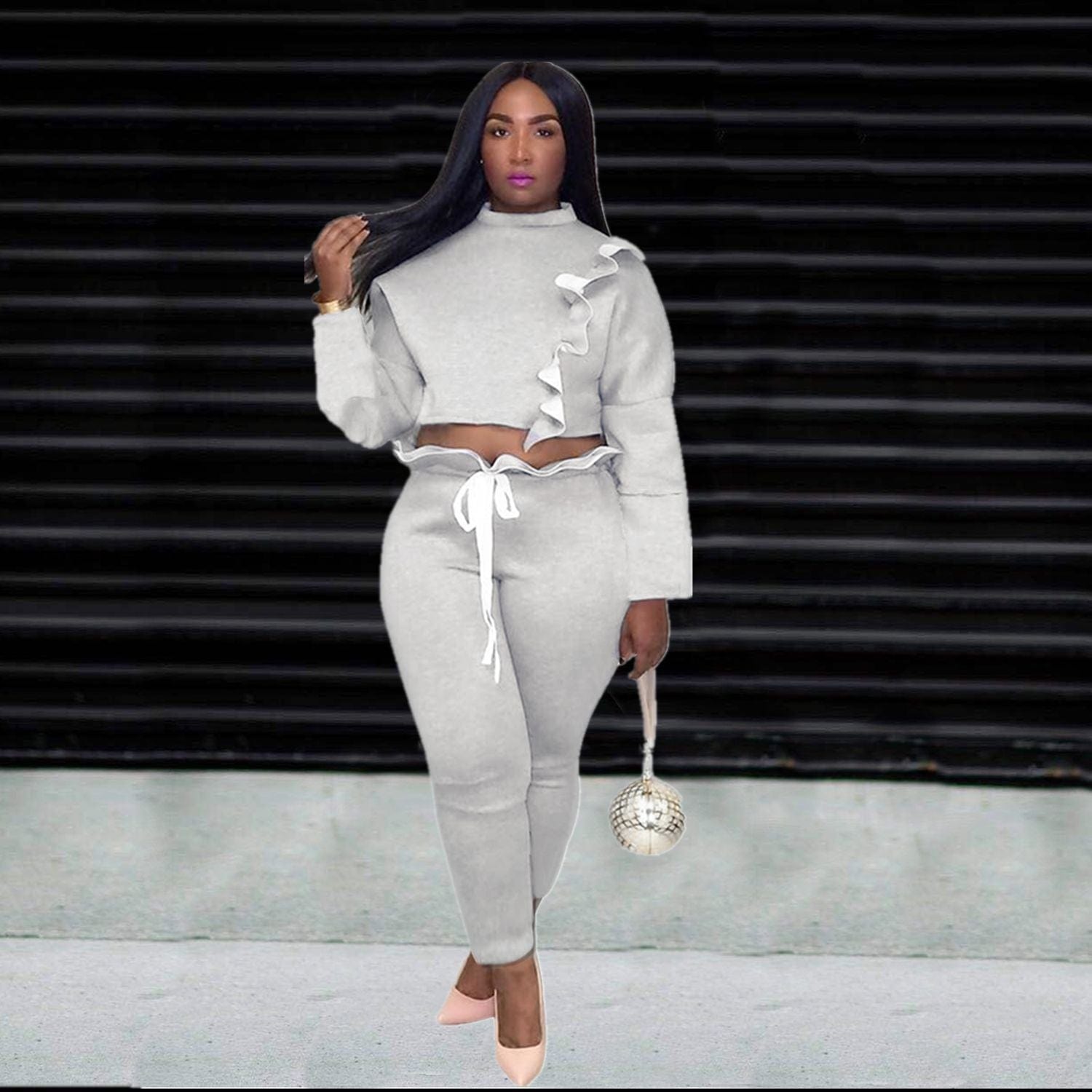 Casual Women 2 Piece Outfits Ruffle Crop Top Sweatshirt and Pants Sweatsuits Set Tracksuits Trousers Jogger