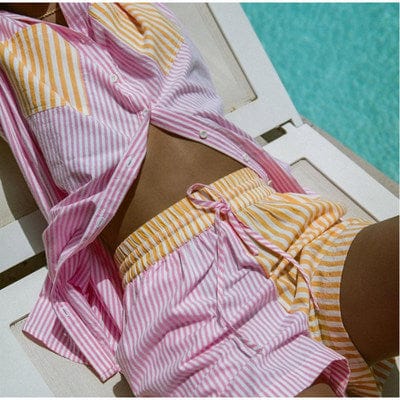 Casual Women Summer Beach Tracksuit Shorts Set Striped Blouse Shirt Tops And Mini Shorts Suit Two Piece Set Loungewear Coldker