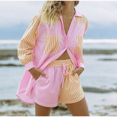 Casual Women Summer Beach Tracksuit Shorts Set Striped Blouse Shirt Tops And Mini Shorts Suit Two Piece Set Loungewear Coldker