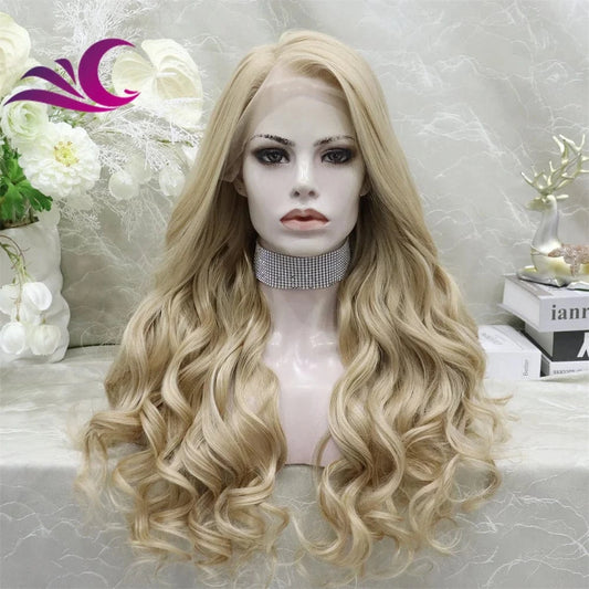 Celebrity 13x6 honey blonde color body wave heat resistant fiber synthetic lace front wig