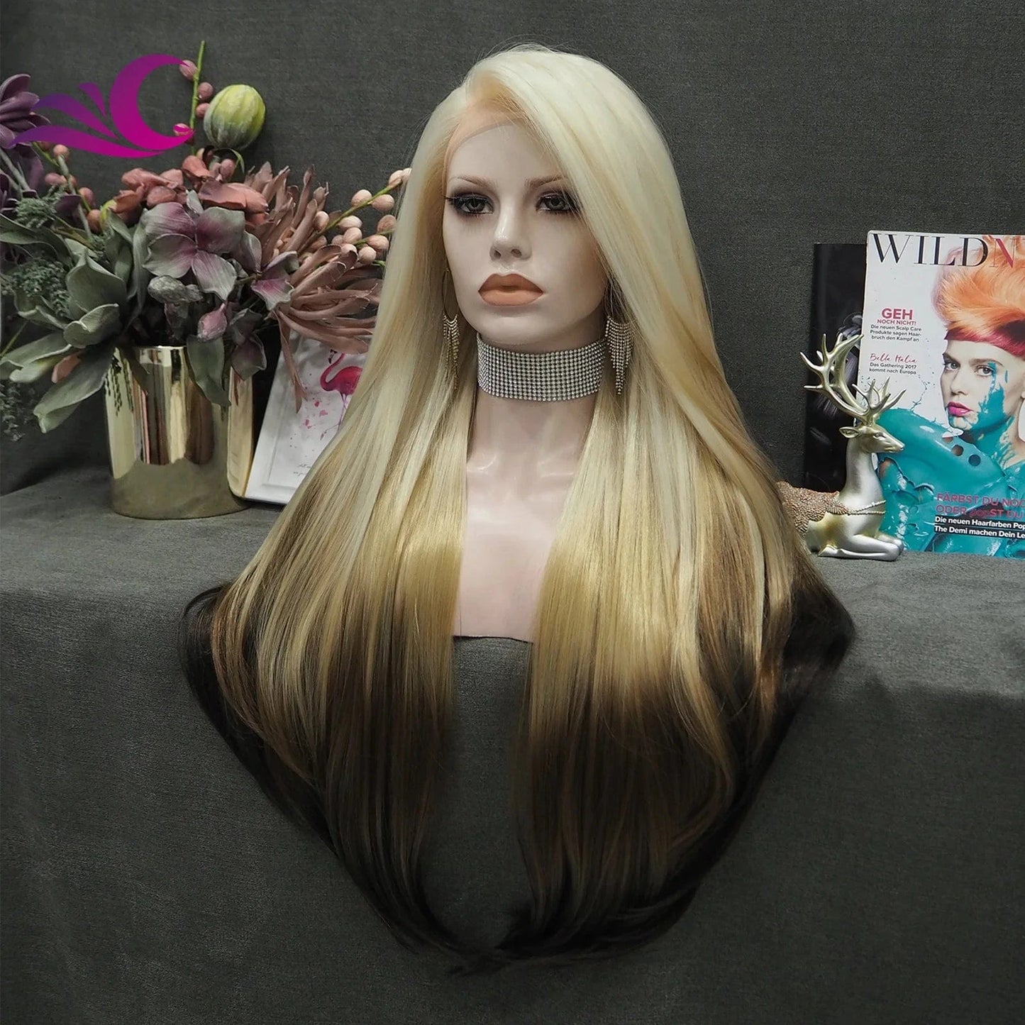 Celebrity 180% Density Ombre 613 Blond Silky Straight Heat Resistant Futura Premium Fiber Synthetic Hair Lace Front Wig