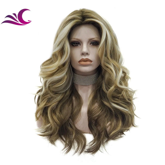 Celebrity 3 color mix highlight honey blonde color heat resistant fiber glueless full machine wig for daily