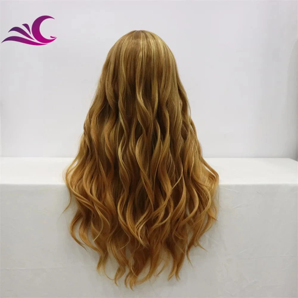 Celebrity caramel mix honey blonde color long wavy t part heat resistant futura fiber hair wig