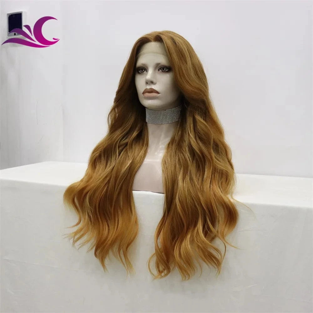 Celebrity caramel mix honey blonde color long wavy t part heat resistant futura fiber hair wig
