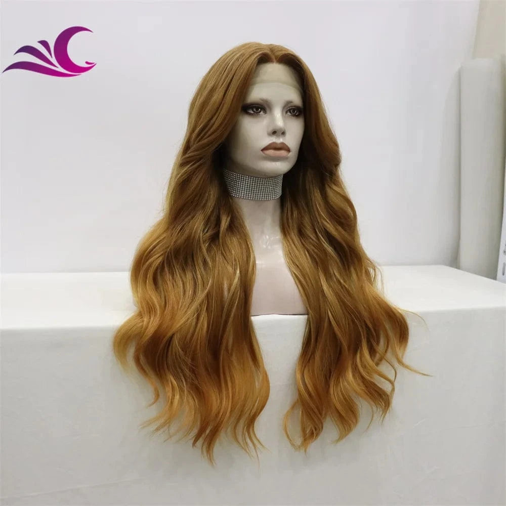 Celebrity caramel mix honey blonde color long wavy t part heat resistant futura fiber hair wig
