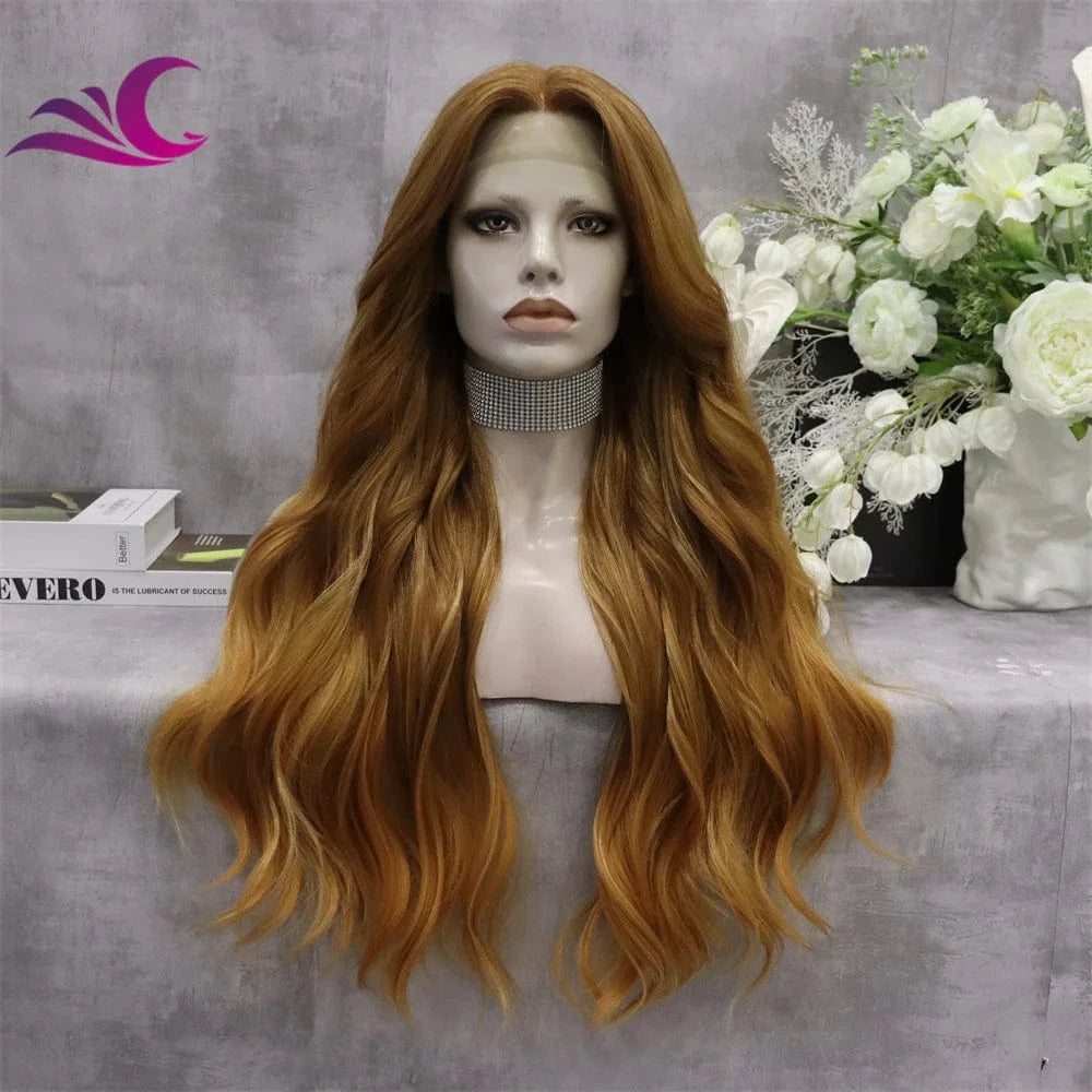 Celebrity caramel mix honey blonde color long wavy t part heat resistant futura fiber hair wig