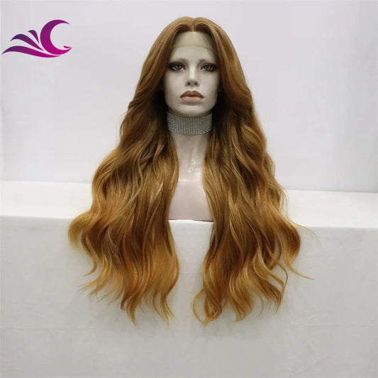 Celebrity caramel mix honey blonde color long wavy t part heat resistant futura fiber hair wig