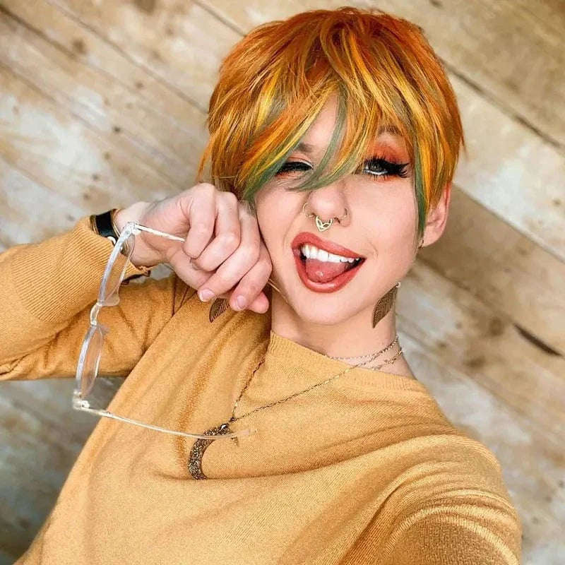 Celebrity Cosplay Wig Orange Mix Green Color Short Synthetic Wigs High Temperature Wholesale Synthetic Hair Wigs