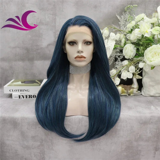 Celebrity dark blue black pre-plucked natural hairline synthetic lace front wig for drag queen