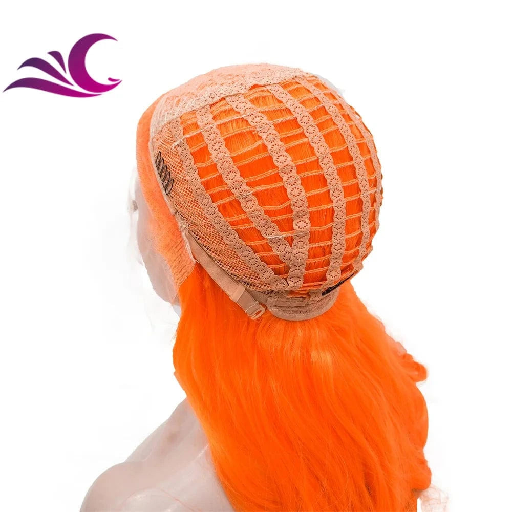Celebrity drag queen cosplay light orange colorful lace front wig high density 180%-200% long curl synthetic hair wig