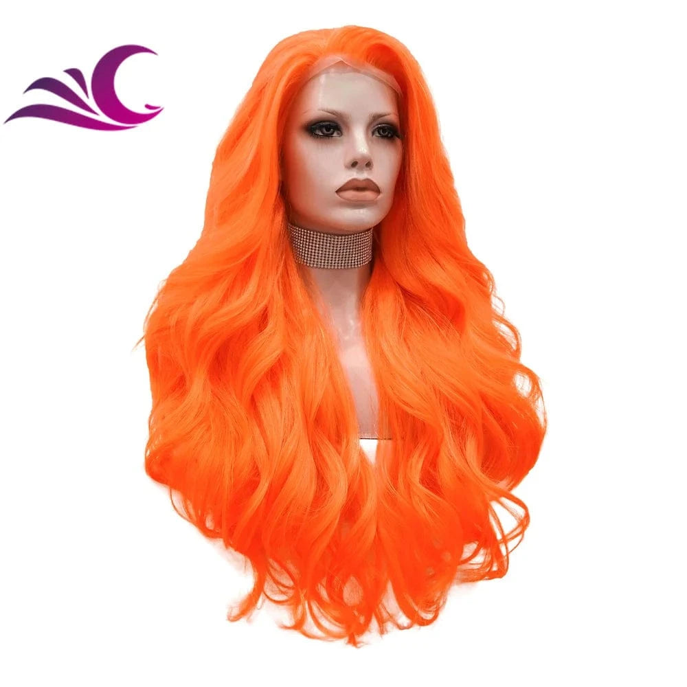 Celebrity drag queen cosplay light orange colorful lace front wig high density 180%-200% long curl synthetic hair wig
