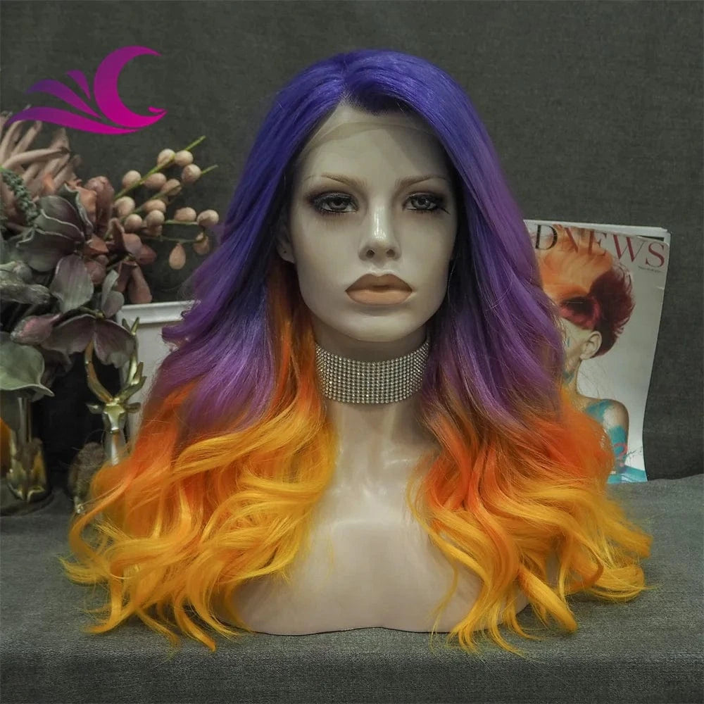 Celebrity drag queen cosplay light orange colorful lace front wig high density 180%-200% long curl synthetic hair wig