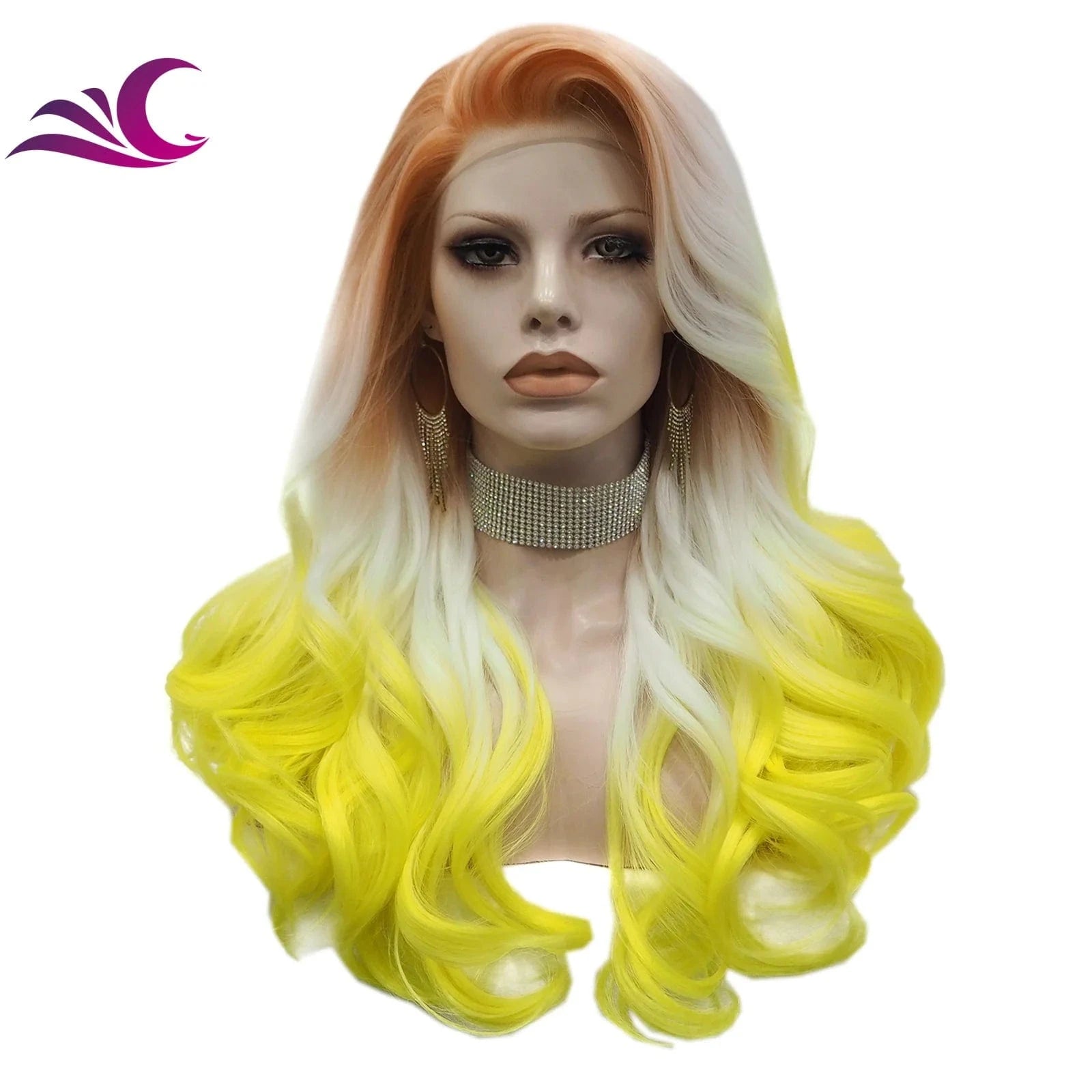 Celebrity drag queen cosplay light orange colorful lace front wig high density 180%-200% long curl synthetic hair wig