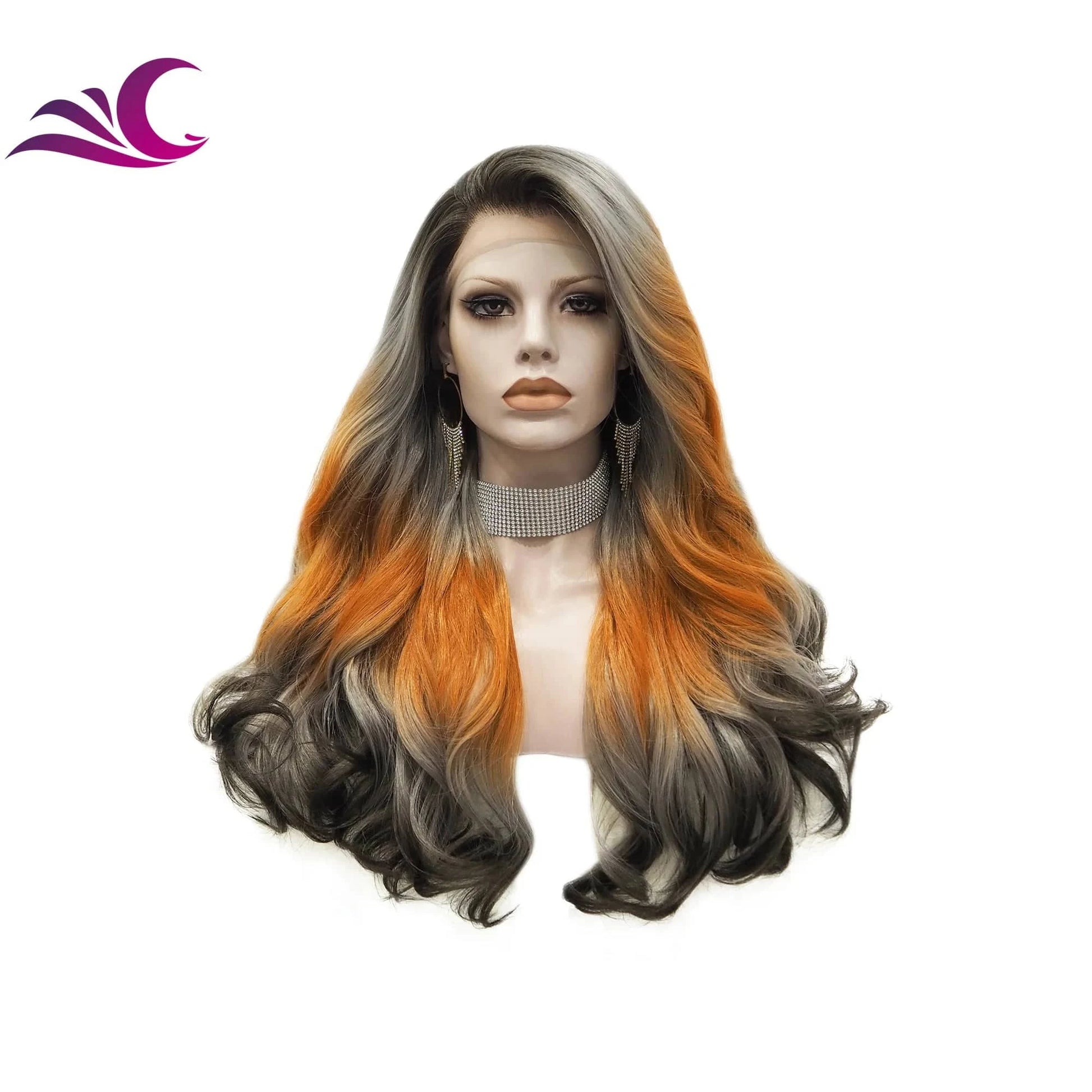 Celebrity drag queen cosplay light orange colorful lace front wig high density 180%-200% long curl synthetic hair wig