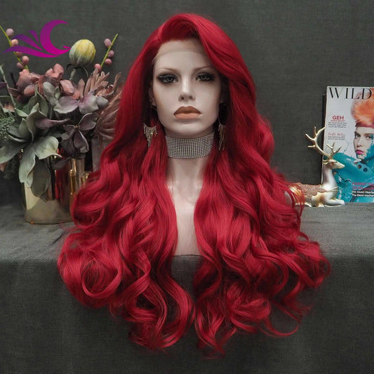Celebrity fire red color long curl pre-plucked natural hairline heat friendly synthetic hair lace front wig