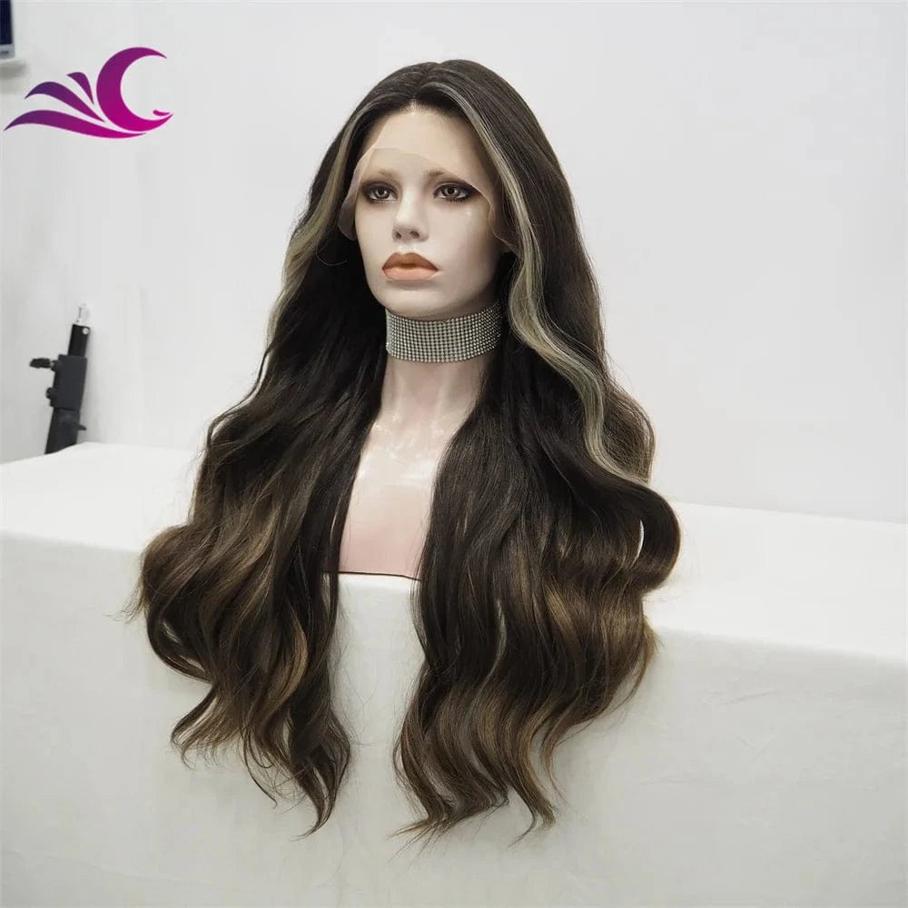 Celebrity high density pre-plucked natural hairline highlight brown heat resistant futura fiber hair wig