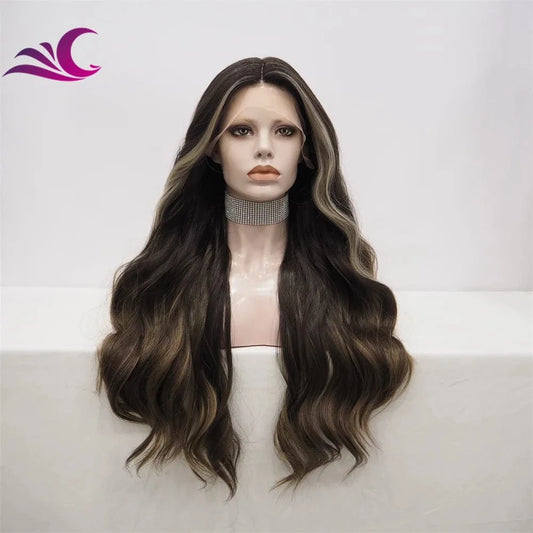 Celebrity high density pre-plucked natural hairline highlight brown heat resistant futura fiber hair wig