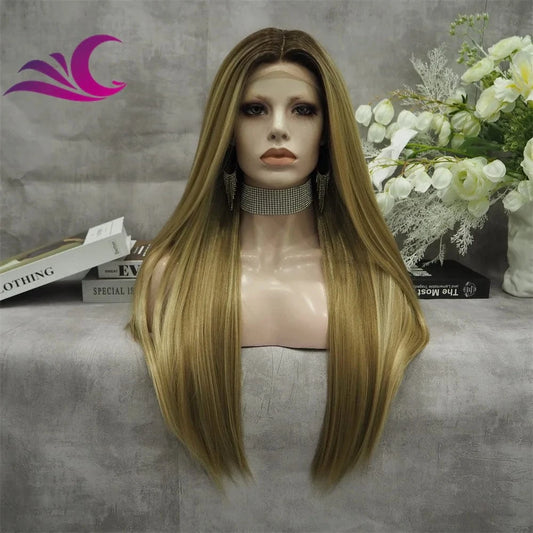 Celebrity high density silky straight honey blonde highlight synthetic lace front wig