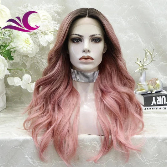 Celebrity high quality synthetic wig pink color heat resistant t-part lace front wig