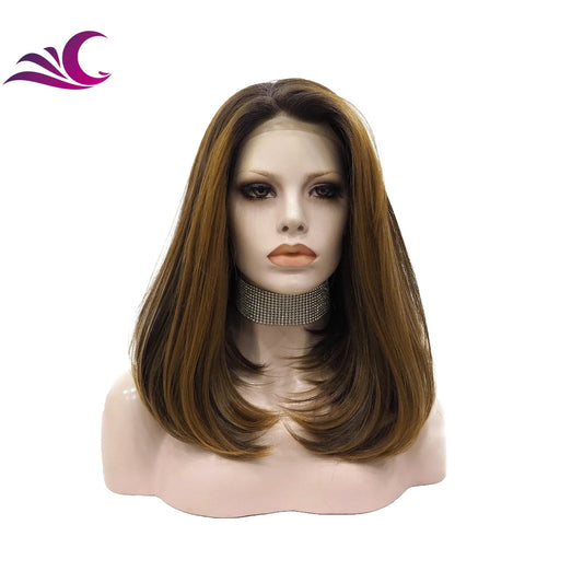 Celebrity highlight honey blonde ombre brown colored lace front wig premium heat resistant short bob synthetic hair wig