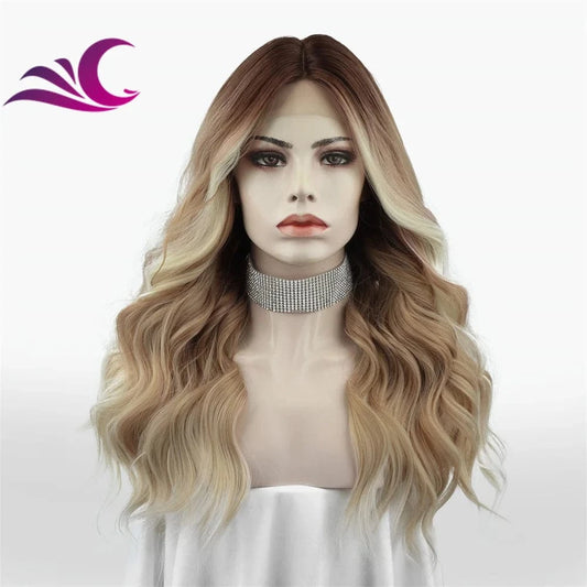 Celebrity highlight matcha blonde color synthetic heat friendly fiber hair wig