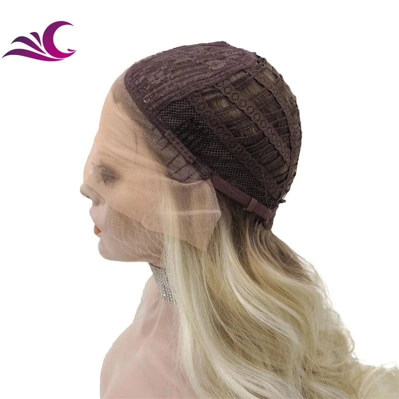 Celebrity honey blonde highlight dark root lace front wig futura fiber heat resistant middle part t part wig