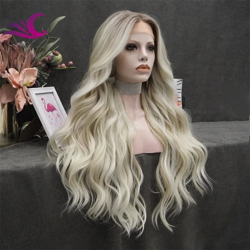 Celebrity honey blonde highlight dark root lace front wig futura fiber heat resistant middle part t part wig
