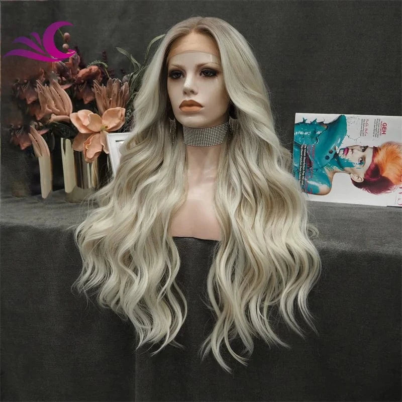 Celebrity honey blonde highlight dark root lace front wig futura fiber heat resistant middle part t part wig