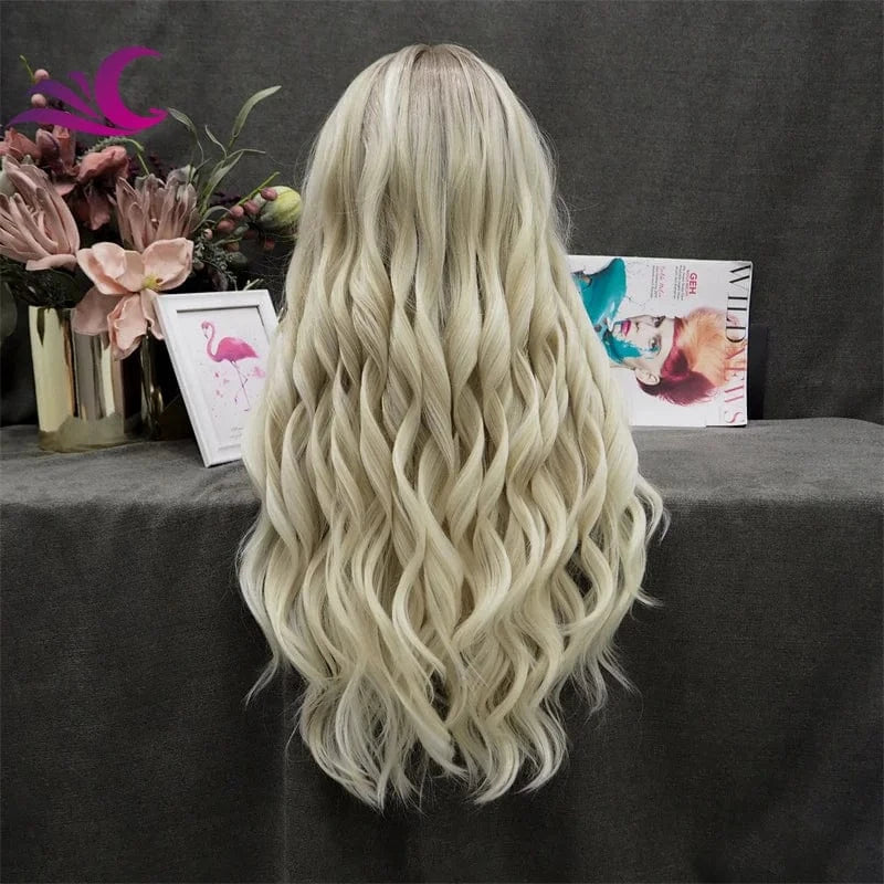 Celebrity honey blonde highlight dark root lace front wig futura fiber heat resistant middle part t part wig