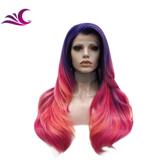 Celebrity layer ombre purple pink highlight colored wig heat resistant futura premium fiber hair lace front wig