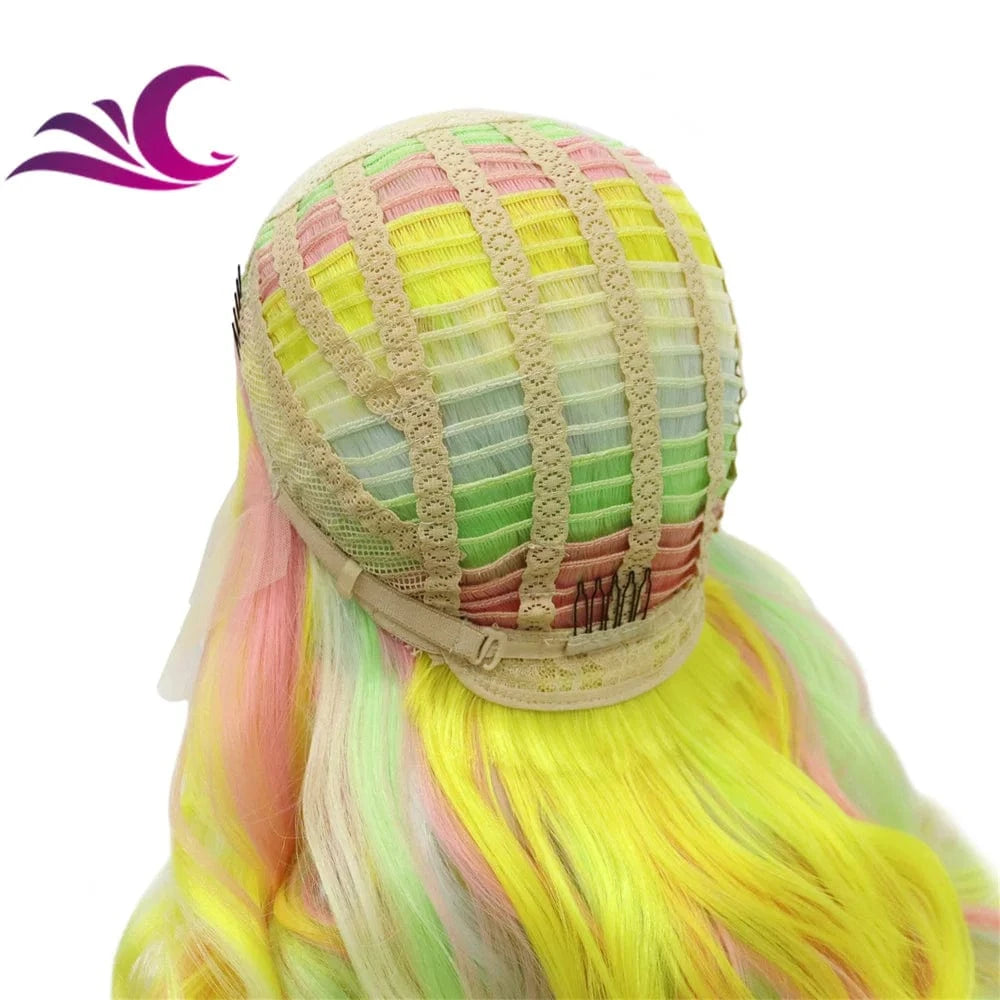 Celebrity multi-color pink green yellow mix fiber cosplay drag queen theatre synthetic hair lace front wig