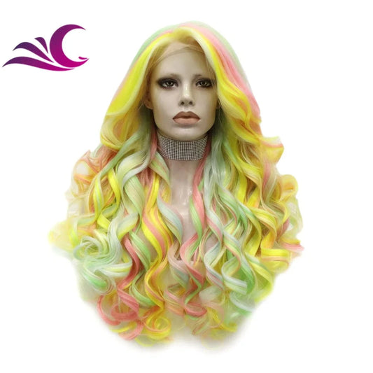 Celebrity multi-color pink green yellow mix fiber cosplay drag queen theatre synthetic hair lace front wig