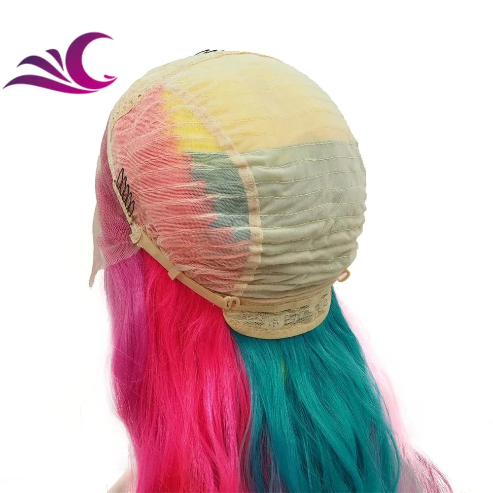 Celebrity multi-color rainbow neon wig ins style long wave lace front wig pre-plucked natural hairline heat resistant wig