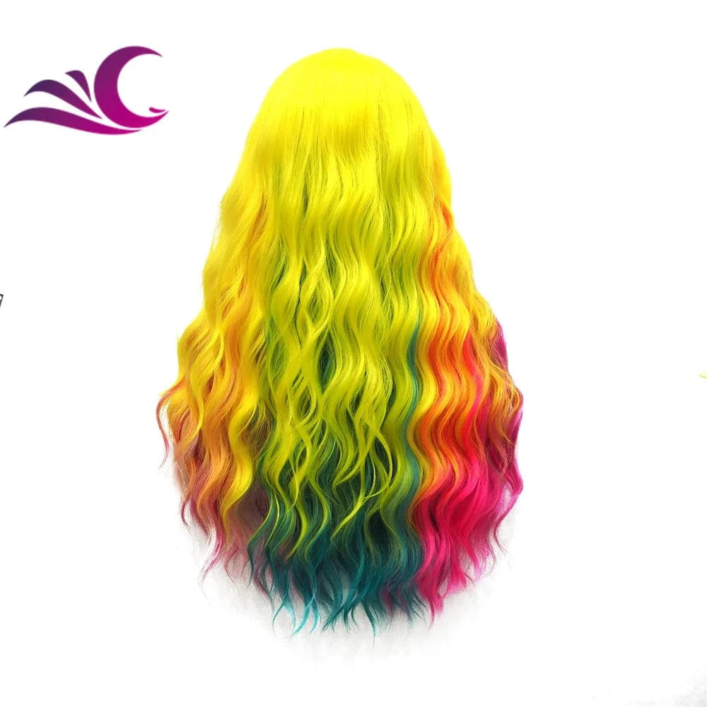 Celebrity multi-color rainbow neon wig ins style long wave lace front wig pre-plucked natural hairline heat resistant wig