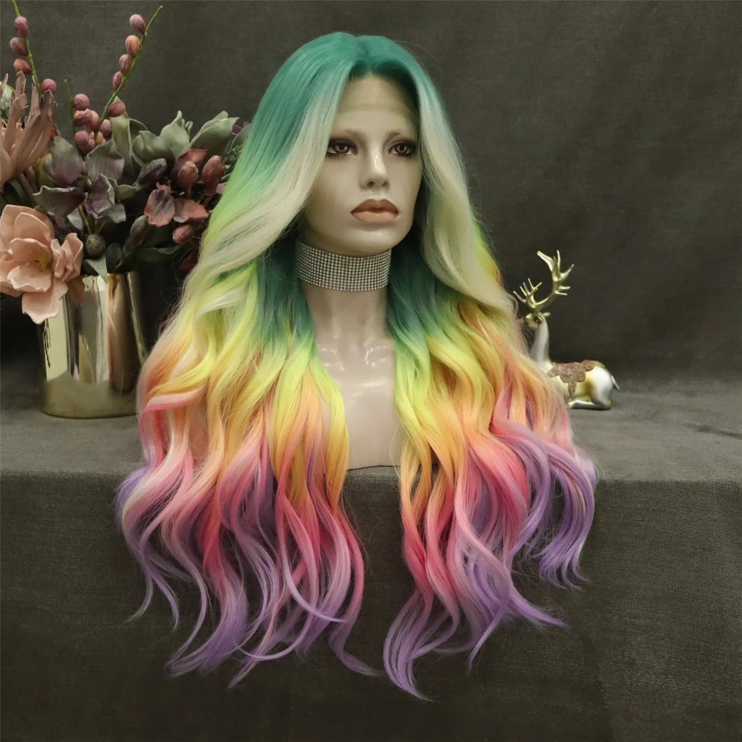 Celebrity Multicolor Blond Ombre Colored Wigs Body Wave Premium Futura Matte Heat Resistant Fiber Synthetic Lace Wig