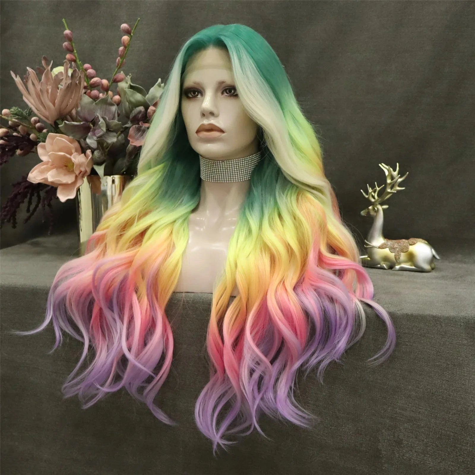 Celebrity Multicolor Blond Ombre Colored Wigs Body Wave Premium Futura Matte Heat Resistant Fiber Synthetic Lace Wig